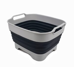 sammart 9l collapsible dishpan with draining plug - foldable washing basin - portable dish washing tub - space saving kitchen storage tray (grey/slate grey, 1)