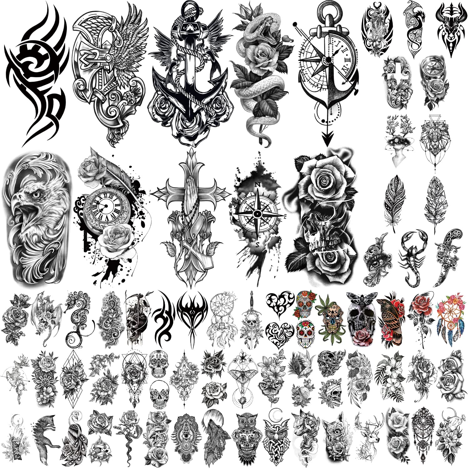 Yazhiji 70sheets Waterproof Temporary Tattoo for Girls or Boys Kids 10sheets Larger Half Arm Rose Snake Clock Fake Tattoos for Men or Women And 60 sheets Tiny Bird Flower Owl Deer Tat Sticker