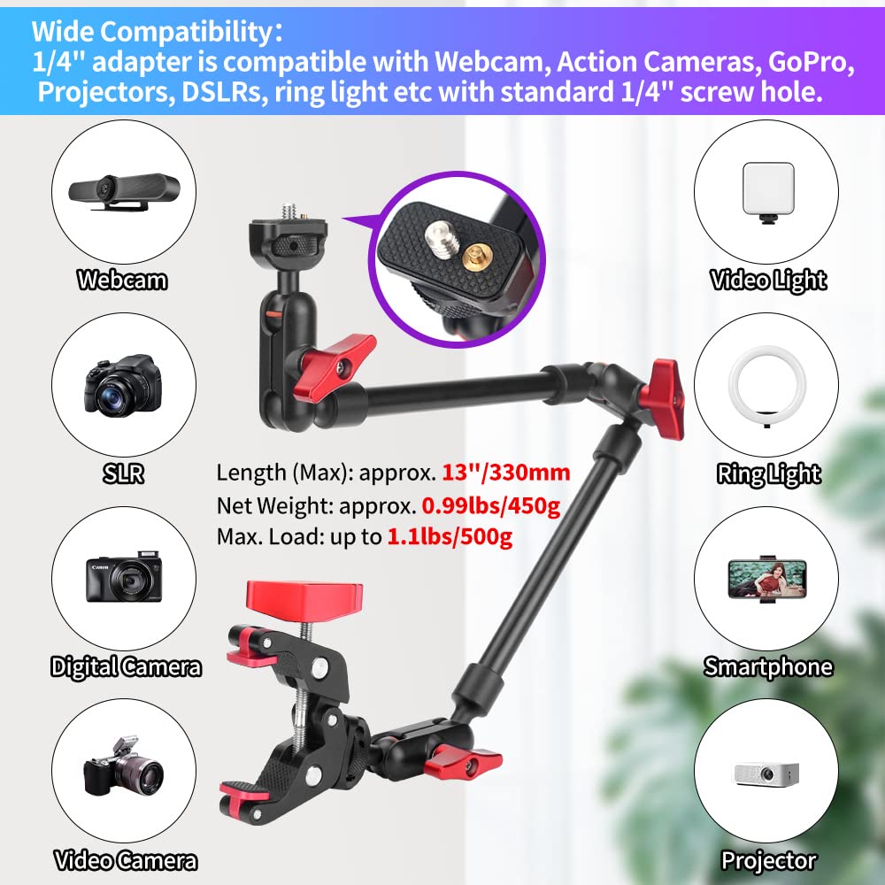 Super Camera Clamp Mount with Articulating Magic Arm 22in, Adjustable Super Clamp Camera Mount Magic Arm for LED Lights