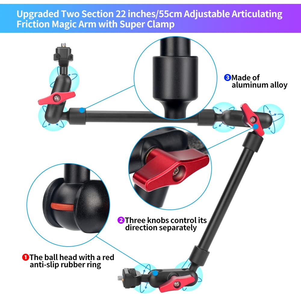 Super Camera Clamp Mount with Articulating Magic Arm 22in, Adjustable Super Clamp Camera Mount Magic Arm for LED Lights