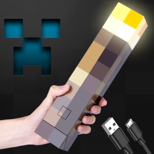 pkd pixels brownstone torch light for mounts to the wall or hand held usb rechargeable 11 inch led for bedroom living room play room decoration perfect for gamers costume cosplay role play