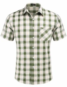 coofandy men's short sleeve plaid dress shirt classic fit wrinkle-free casual button down checked shirts with pocket green, large