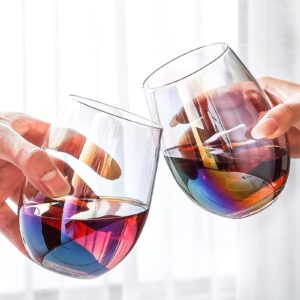 colored stemless wine glasses, 18 oz large rainbow wine glasses, stemless goblet beverage cups with colored gift box for girl & boy friends sister, good gift idea for festival wedding birthday party