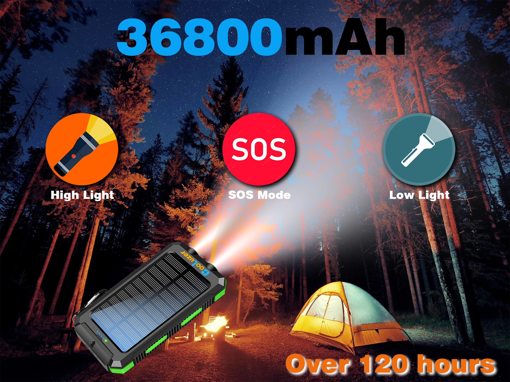 Solar Power Bank 36800mah, Solar Charger Power Bank with 18W PD 5V 3.1A outputs, IP67 Waterproof, Grade A+ Battery with LED Flashlight and Compass, Perfect Camping Gear Accessory for Outdoor (Green)