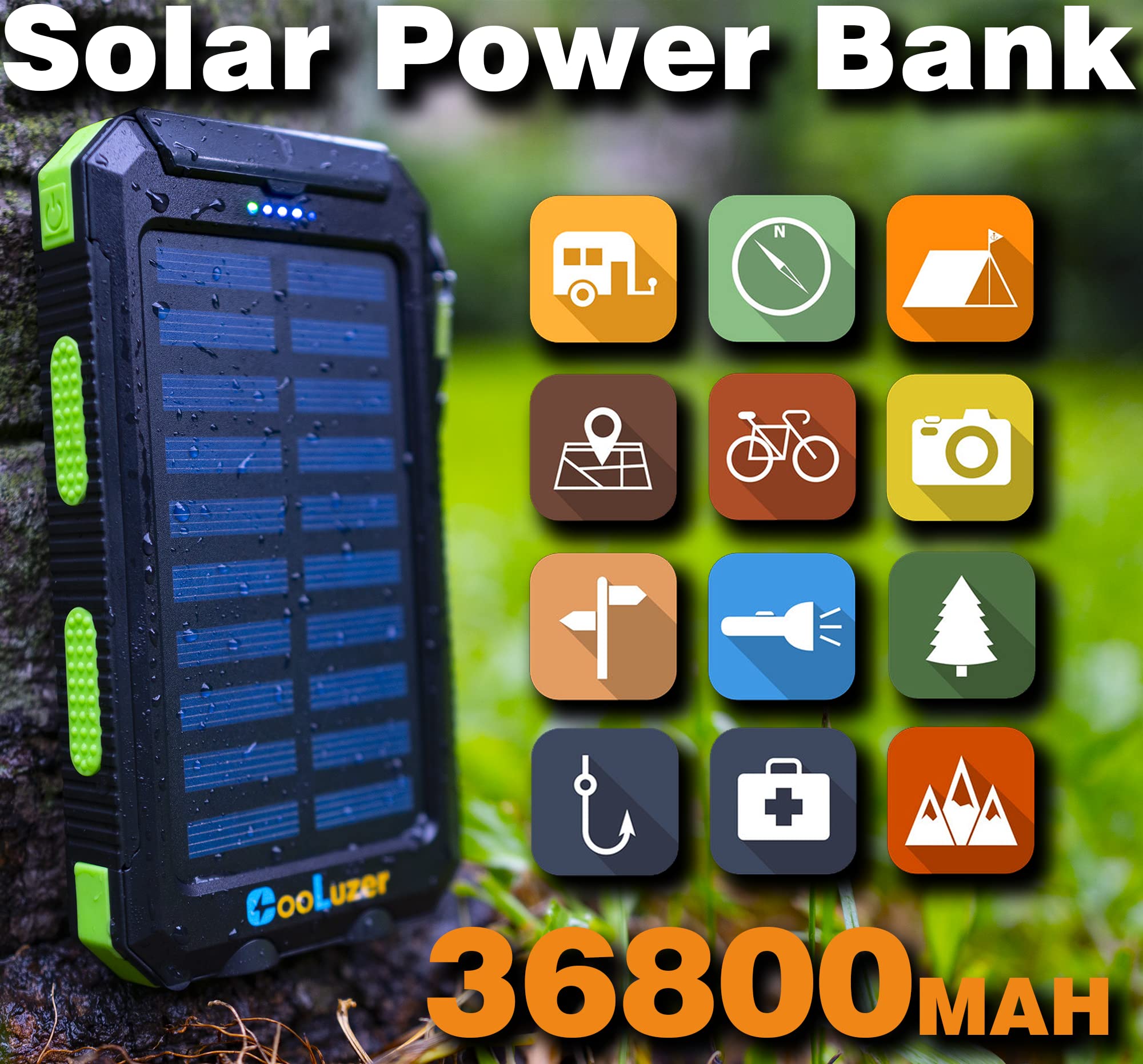 Solar Power Bank 36800mah, Solar Charger Power Bank with 18W PD 5V 3.1A outputs, IP67 Waterproof, Grade A+ Battery with LED Flashlight and Compass, Perfect Camping Gear Accessory for Outdoor (Green)