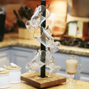 Rae Dunn Coffee Mug Holder - 6 Hook Mug Holder - Coffee Mug Tea Cup Rack with Wooden Spinning Base and Hanging Hooks for Storage & Display - Mug Stand Organizer for Kitchen Counter or Cafe Countertop