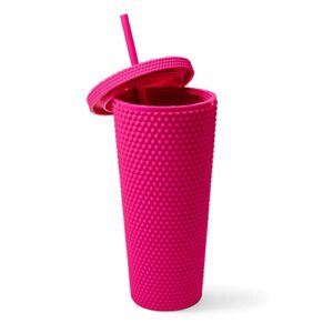 matte studded tumbler with lid & straw, reusable bpa free plastic water bottle, travel friendly water/iced coffee/cold brew/smoothie textured cold cup, 24oz (fuchsia)