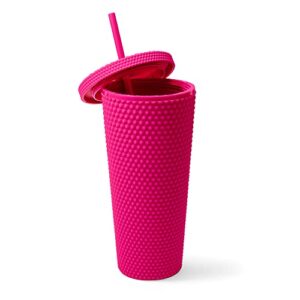 Matte Studded Tumbler with Lid & Straw, Reusable BPA Free Plastic Water Bottle, Travel Friendly Water/Iced Coffee/Cold Brew/Smoothie Textured Cold Cup, 24oz (Fuchsia)