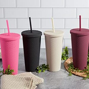 Matte Studded Tumbler with Lid & Straw, Reusable BPA Free Plastic Water Bottle, Travel Friendly Water/Iced Coffee/Cold Brew/Smoothie Textured Cold Cup, 24oz (Fuchsia)