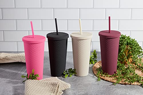 Matte Studded Tumbler with Lid & Straw, Reusable BPA Free Plastic Water Bottle, Travel Friendly Water/Iced Coffee/Cold Brew/Smoothie Textured Cold Cup, 24oz (Fuchsia)