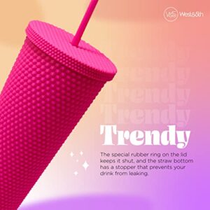 Matte Studded Tumbler with Lid & Straw, Reusable BPA Free Plastic Water Bottle, Travel Friendly Water/Iced Coffee/Cold Brew/Smoothie Textured Cold Cup, 24oz (Fuchsia)