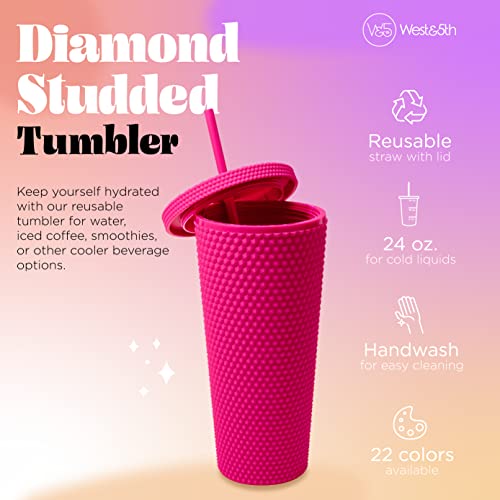 Matte Studded Tumbler with Lid & Straw, Reusable BPA Free Plastic Water Bottle, Travel Friendly Water/Iced Coffee/Cold Brew/Smoothie Textured Cold Cup, 24oz (Fuchsia)