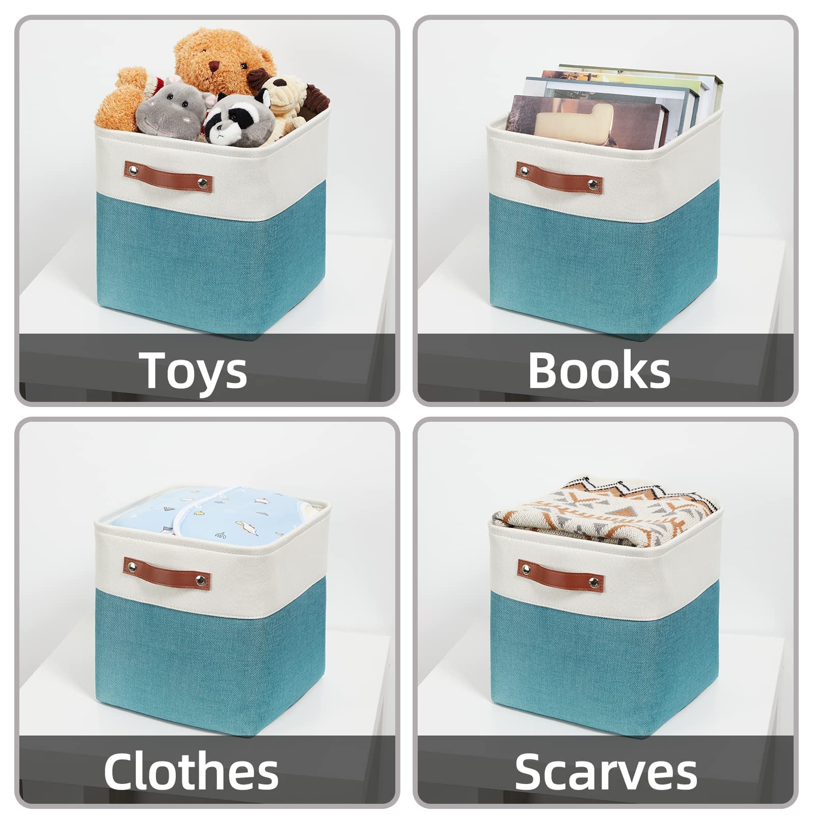 HNZIGE Small Storage Baskets for Organizing Fabric Baskets for Shelves,Fabric Cube Storage Baskets Closets, Laundry, Nursery, Decorative Baskets for Gifts Empty (White&Teal)