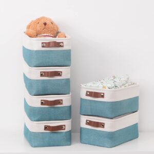 HNZIGE Small Storage Baskets for Organizing Fabric Baskets for Shelves,Fabric Cube Storage Baskets Closets, Laundry, Nursery, Decorative Baskets for Gifts Empty (White&Teal)