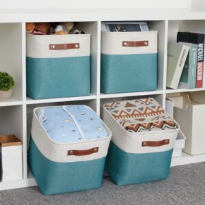 HNZIGE Small Storage Baskets for Organizing Fabric Baskets for Shelves,Fabric Cube Storage Baskets Closets, Laundry, Nursery, Decorative Baskets for Gifts Empty (White&Teal)