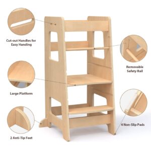 WOOD CITY Kitchen Step Stool for Kids and Toddlers with Safety Rail, Adjustable Height Step Stool Helper Standing Tower Learning Stool for Bathroom & Kitchen Counter