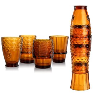 frcctre set of 4 koi fish design drinking glasses, stackable amber tumbler glasses beverage cups juice tumblers drinking water cups nautical glassware for home, party, bar