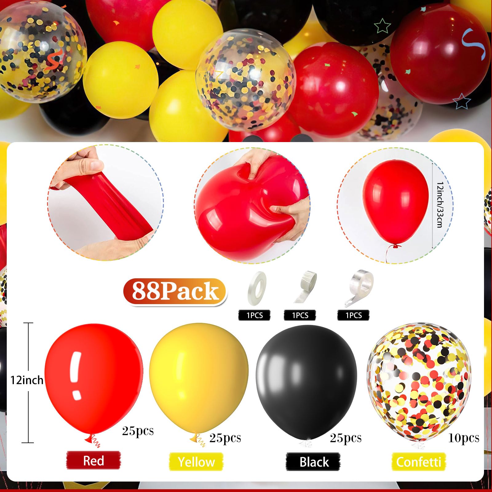 BBeitoo Red Black Yellow Confetti Balloons 85Pcs Cartoon Balloons Garland Kit Party Balloons Decoration Easy Use Suitable for Themed Parties, Kids Birthdays, Baby Showers, Holiday Parties