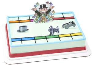 decoset® hasbro monopoly let's play cake decorating kit, 4 piece classic board game cake topper, dog, car, hat, mr monopoly, game night set