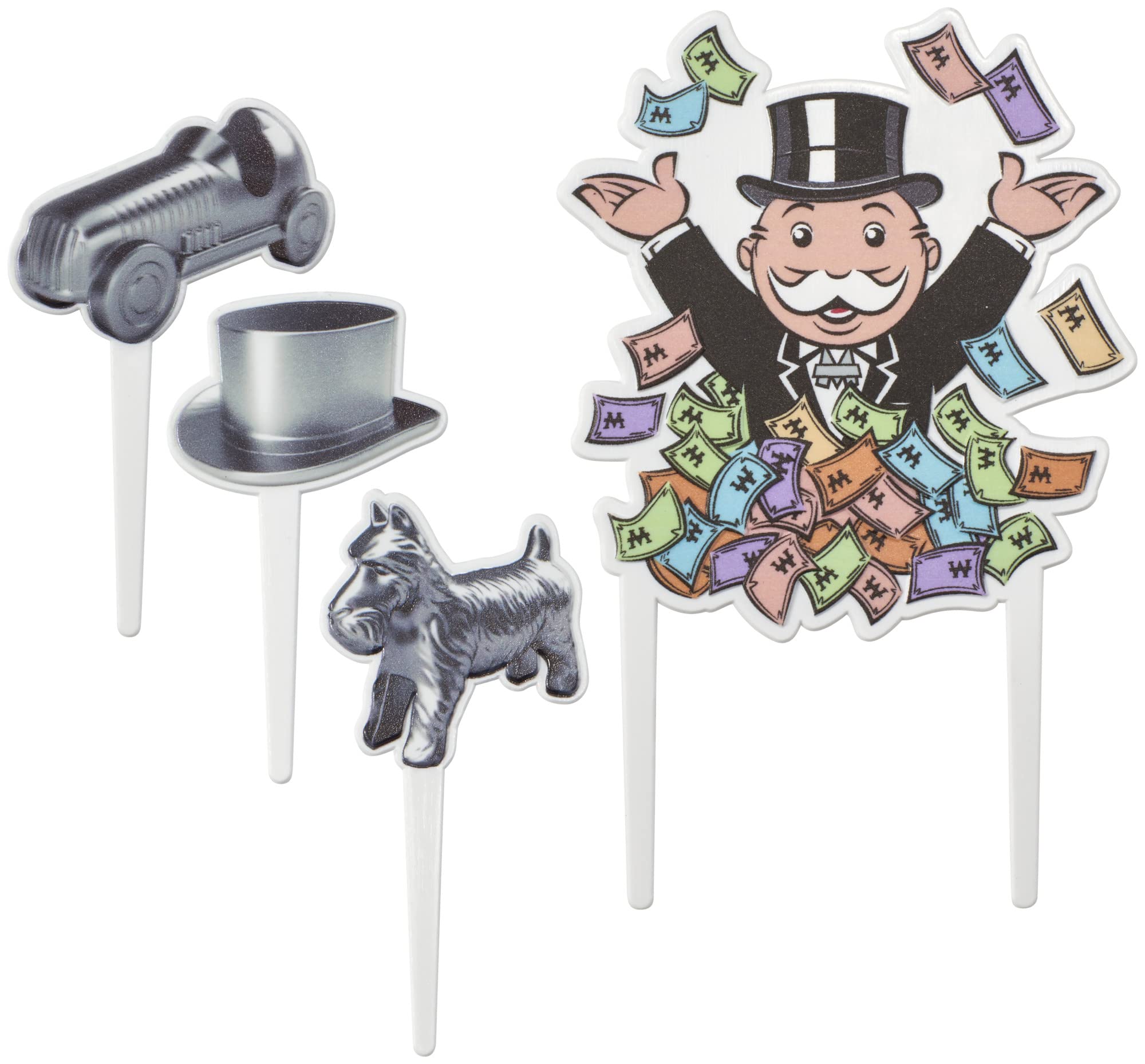 DecoSet® Hasbro Monopoly Let's Play Cake Decorating Kit, 4 Piece Classic Board Game Cake Topper, Dog, Car, Hat, Mr Monopoly, Game Night Set