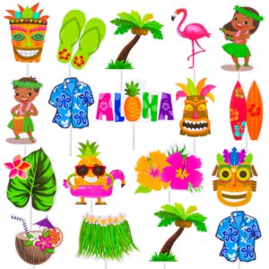 32pcs hawaii luau cupcake toppers decoration hawaiian tropical party cupcake toppers with flamingo pineapple palm leaves tiki for aloha summer party supplies