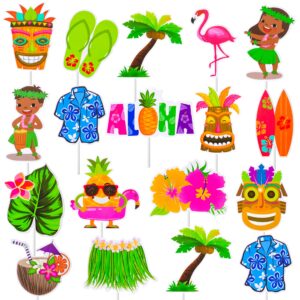 32pcs Hawaii Luau Cupcake Toppers Decoration Hawaiian Tropical Party Cupcake Toppers with Flamingo Pineapple Palm Leaves Tiki for Aloha Summer Party Supplies