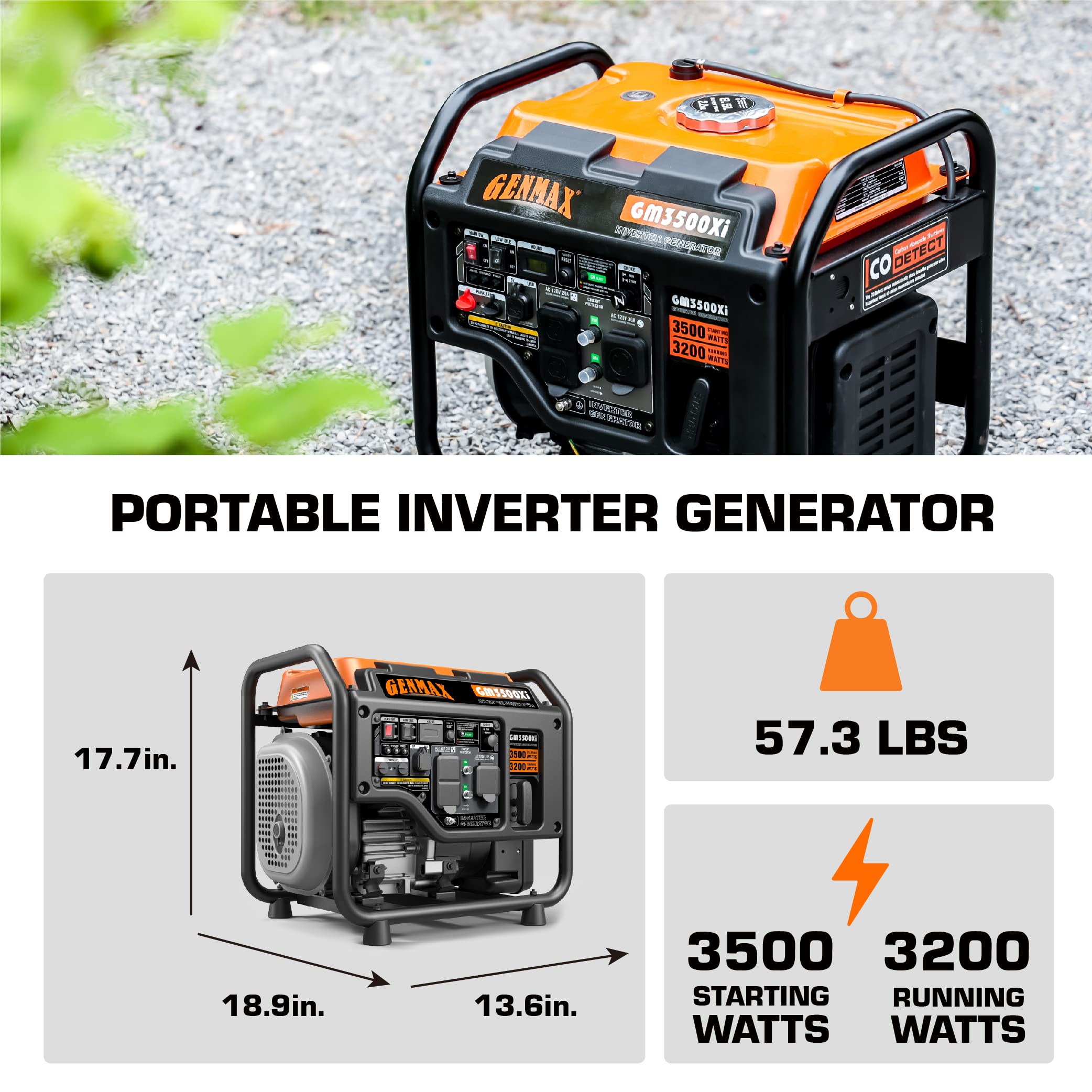 GENMAX GM3500Xi Open Frame RV Ready Inverter Generator-3500 Peak Watts-Gas Powered，Quiet Technology, EPA Compliant