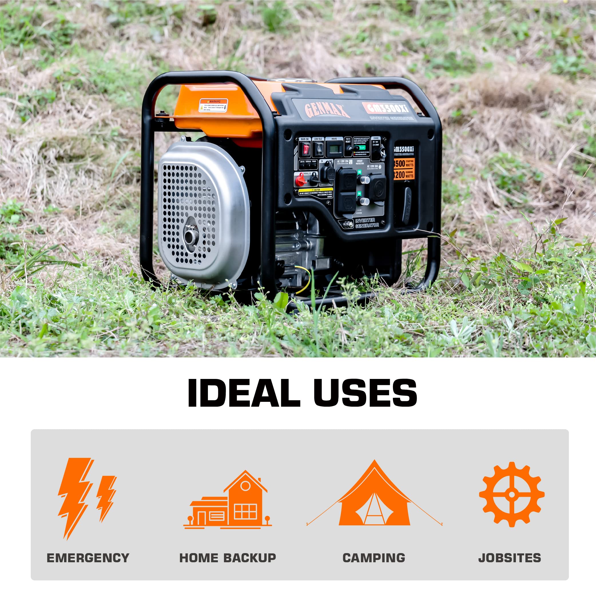 GENMAX GM3500Xi Open Frame RV Ready Inverter Generator-3500 Peak Watts-Gas Powered，Quiet Technology, EPA Compliant