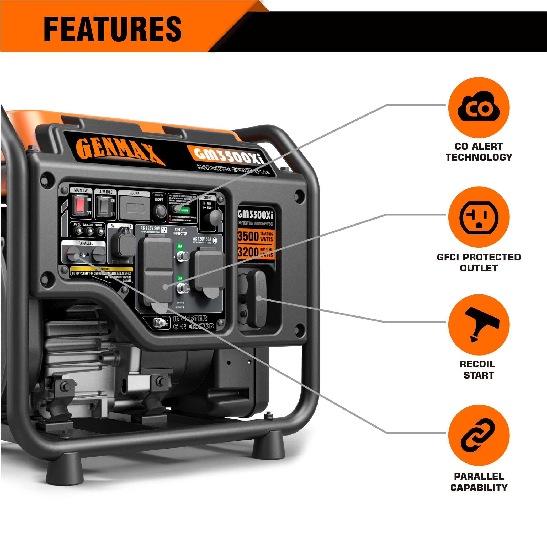 GENMAX GM3500Xi Open Frame RV Ready Inverter Generator-3500 Peak Watts-Gas Powered，Quiet Technology, EPA Compliant