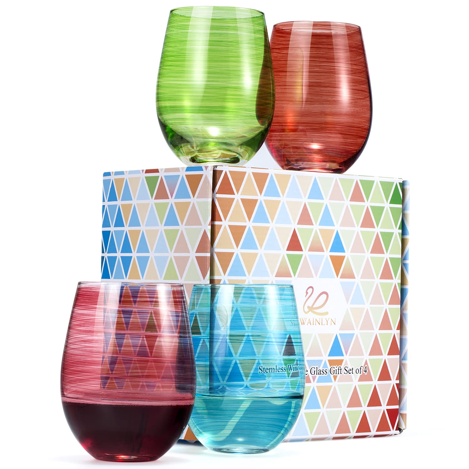 SWAINLYN Colored Stemless Wine Glass Set of 4, No Stem Cocktails Glasses Set Large 18 oz Hand Painted Colored Drinking glasses, Ideal for Cocktails, Scotch, Margarita, Tumblers with Sturdy gift box