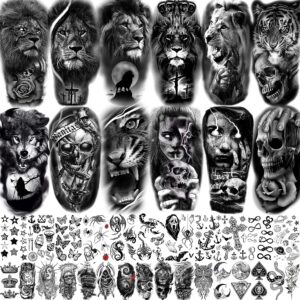 joehapy 39 sheets 3d forarm black realistic wolf tiger lion temporary tattoos for men women thigh arm, scary skull gothic gangster fake tattoo sticker adults, large tribal half sleeve tatoos halloween