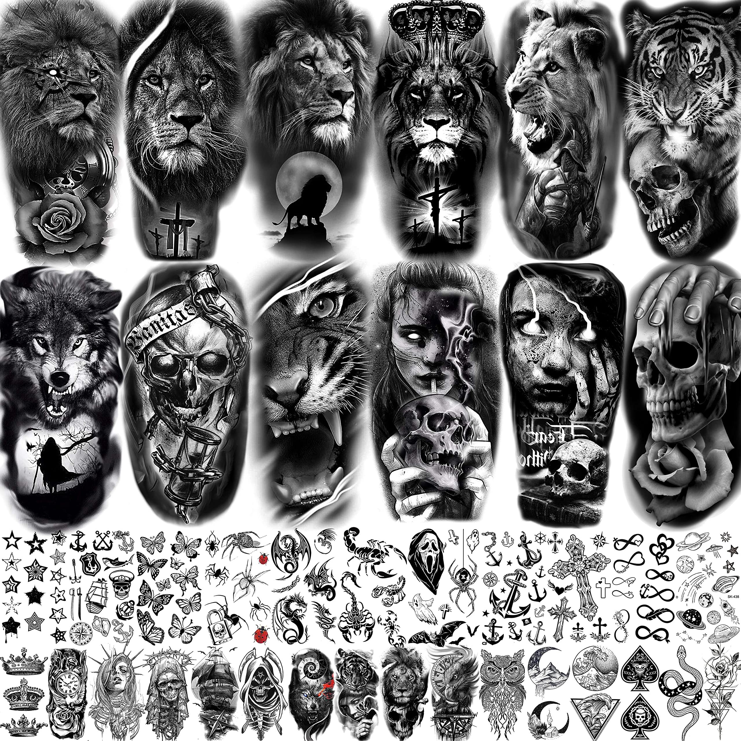 JOEHAPY 39 Sheets 3D Forarm Black Realistic Wolf Tiger Lion Temporary Tattoos For Men Women Thigh Arm, Scary Skull Gothic Gangster Fake Tattoo Sticker Adults, Large Tribal Half Sleeve Tatoos Halloween