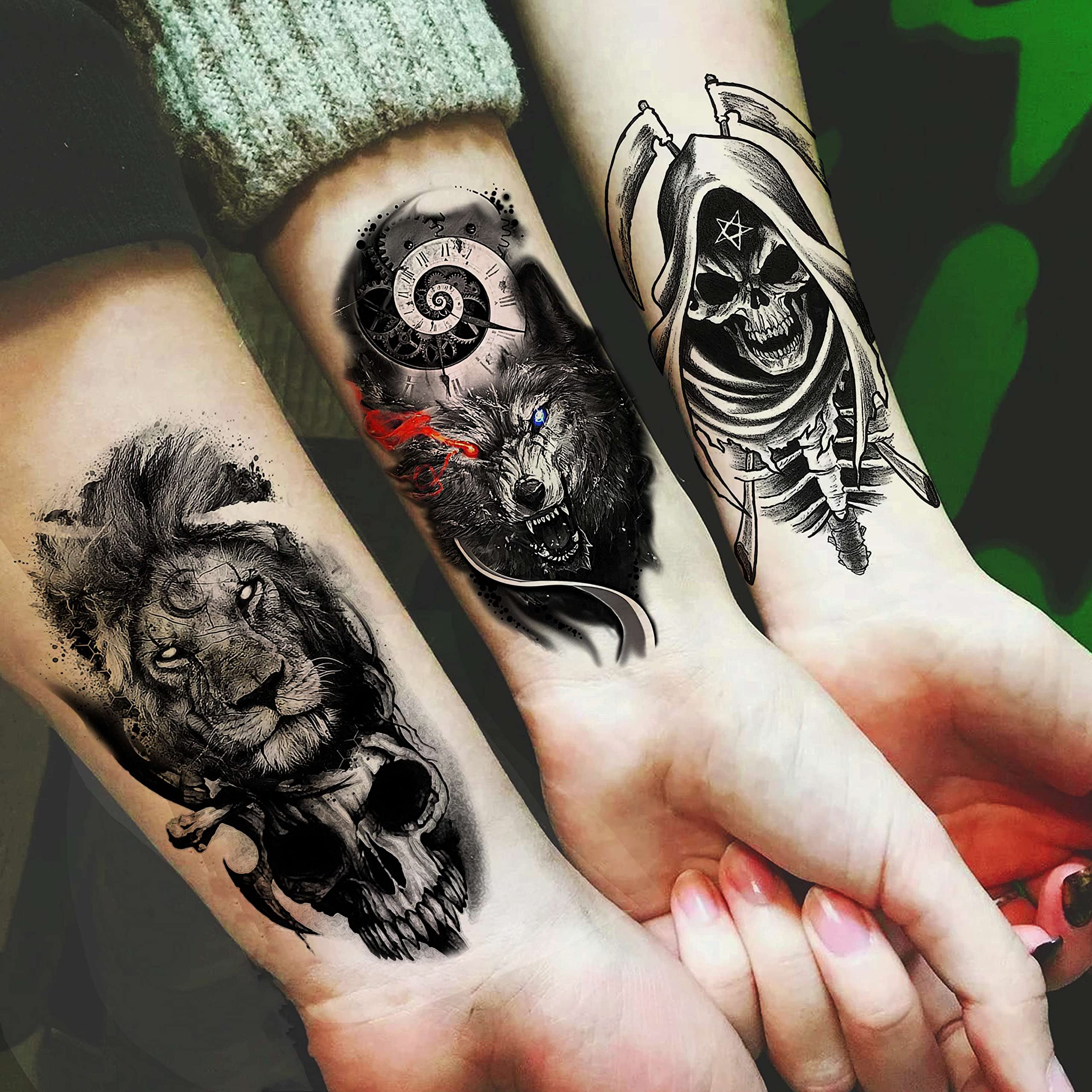 JOEHAPY 39 Sheets 3D Forarm Black Realistic Wolf Tiger Lion Temporary Tattoos For Men Women Thigh Arm, Scary Skull Gothic Gangster Fake Tattoo Sticker Adults, Large Tribal Half Sleeve Tatoos Halloween