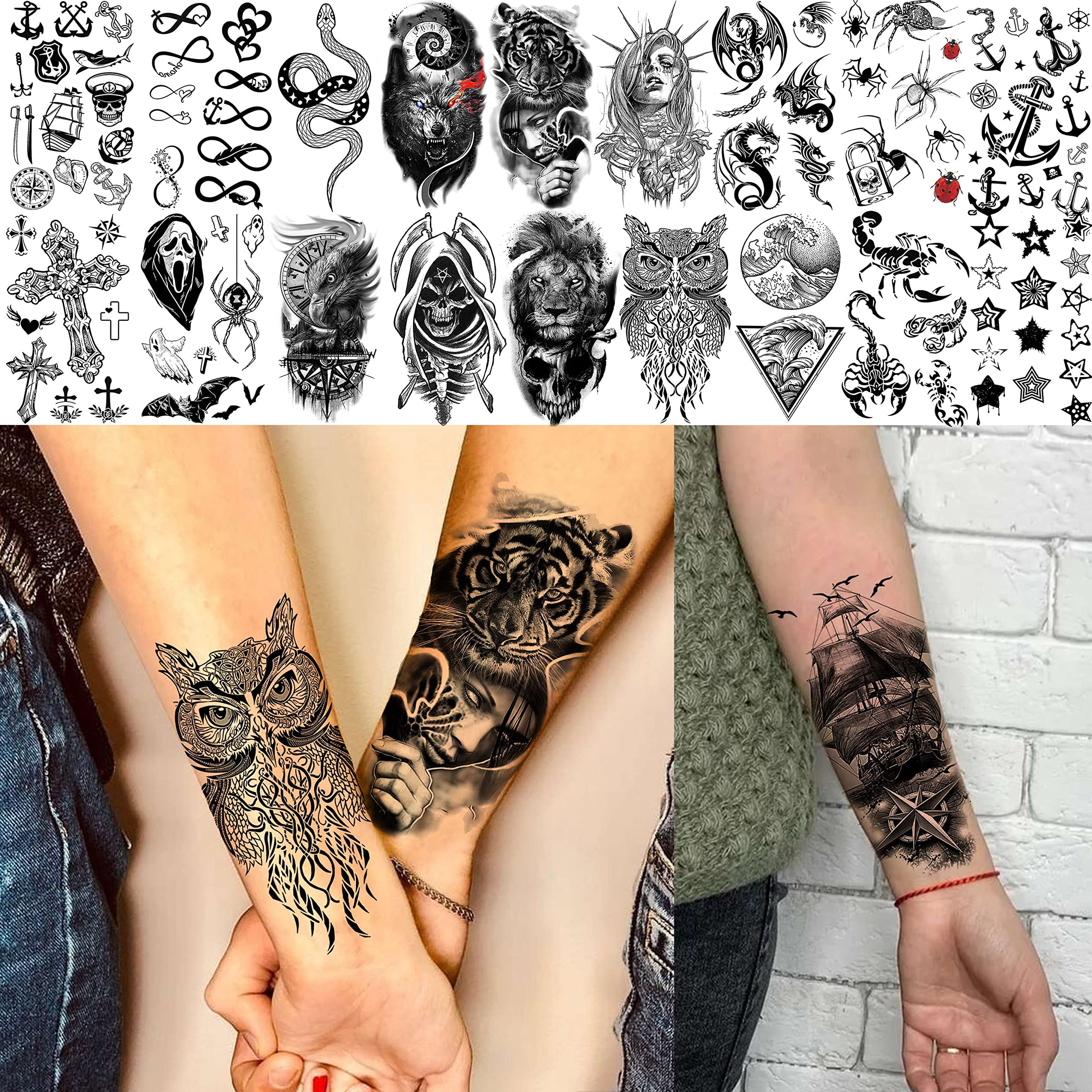 JOEHAPY 39 Sheets 3D Forarm Black Realistic Wolf Tiger Lion Temporary Tattoos For Men Women Thigh Arm, Scary Skull Gothic Gangster Fake Tattoo Sticker Adults, Large Tribal Half Sleeve Tatoos Halloween