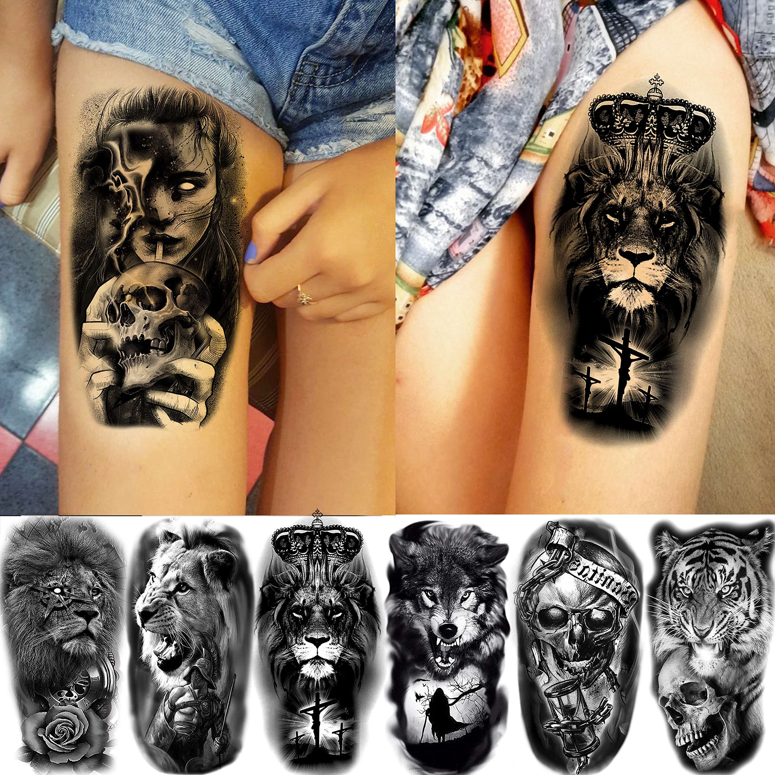 JOEHAPY 39 Sheets 3D Forarm Black Realistic Wolf Tiger Lion Temporary Tattoos For Men Women Thigh Arm, Scary Skull Gothic Gangster Fake Tattoo Sticker Adults, Large Tribal Half Sleeve Tatoos Halloween