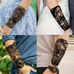 JOEHAPY 39 Sheets 3D Forarm Black Realistic Wolf Tiger Lion Temporary Tattoos For Men Women Thigh Arm, Scary Skull Gothic Gangster Fake Tattoo Sticker Adults, Large Tribal Half Sleeve Tatoos Halloween