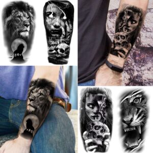 JOEHAPY 39 Sheets 3D Forarm Black Realistic Wolf Tiger Lion Temporary Tattoos For Men Women Thigh Arm, Scary Skull Gothic Gangster Fake Tattoo Sticker Adults, Large Tribal Half Sleeve Tatoos Halloween