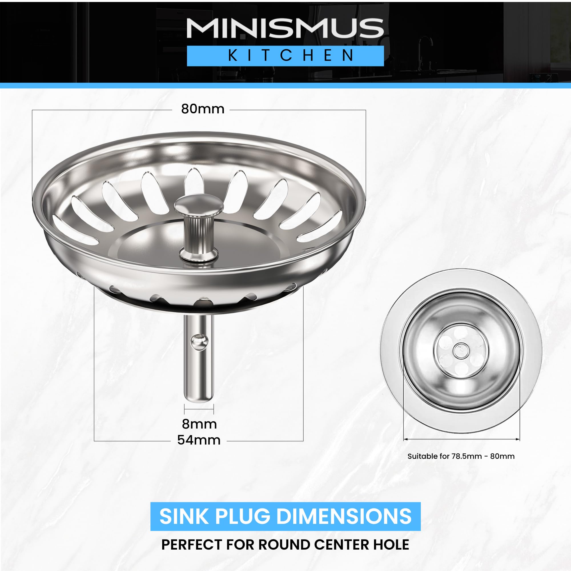 Minismus Kitchen Sink Strainer Replacement Basket with Ball Lock 3.15 Inch - Stainless Steel Sink Plug Round Hole - for Round Post Openings - Prevents Clogging - Open-Close Mechanism (3.15 Inch)