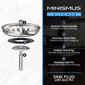 Minismus Kitchen Sink Strainer Replacement Basket with Ball Lock 3.15 Inch - Stainless Steel Sink Plug Round Hole - for Round Post Openings - Prevents Clogging - Open-Close Mechanism (3.15 Inch)