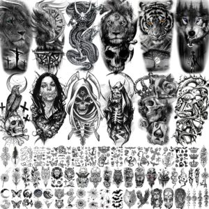 rejaski 66 sheets black eagle dragon temporary tattoos for men women thigh, scary halloween tiger lion devil skull fake tattoos for adults, 3d wolf large half arm sleeve realistic tatoo forearm teens