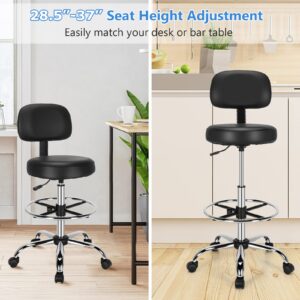 Giantex PU Leather Drafting Chair, Tall Office Chair with Retractable Mid Back, Standing Desk Chair with Adjustable Foot Ring, Ergonomic Upholstered Rolling Stool, Swivel Counter Height Task Chair