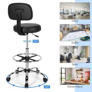 Giantex PU Leather Drafting Chair, Tall Office Chair with Retractable Mid Back, Standing Desk Chair with Adjustable Foot Ring, Ergonomic Upholstered Rolling Stool, Swivel Counter Height Task Chair