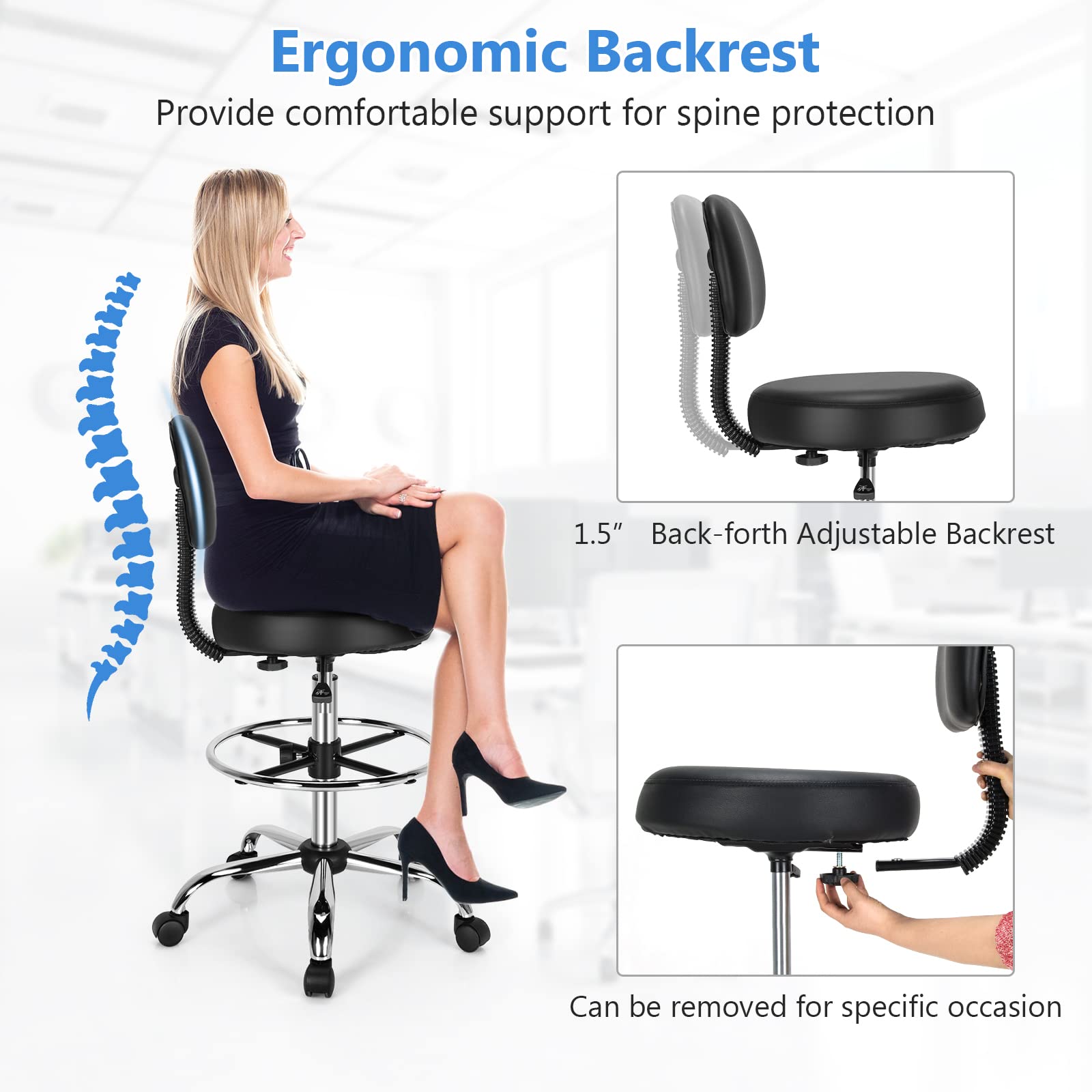 Giantex PU Leather Drafting Chair, Tall Office Chair with Retractable Mid Back, Standing Desk Chair with Adjustable Foot Ring, Ergonomic Upholstered Rolling Stool, Swivel Counter Height Task Chair