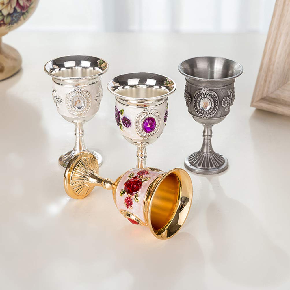 Metal Wine Glass Gem Vintage Shot Glass Inlay Style Zinc Alloy Goblet Carved White Glass Stem- Cup Wine Cocktail Glasses for Home Bar Party Wedding ( Random Flower Pattern )