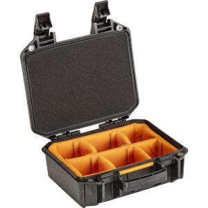 pelican vault - v100 multi-purpose hard case with padded dividers for camera, drone, equipment, electronics, and gear (black)