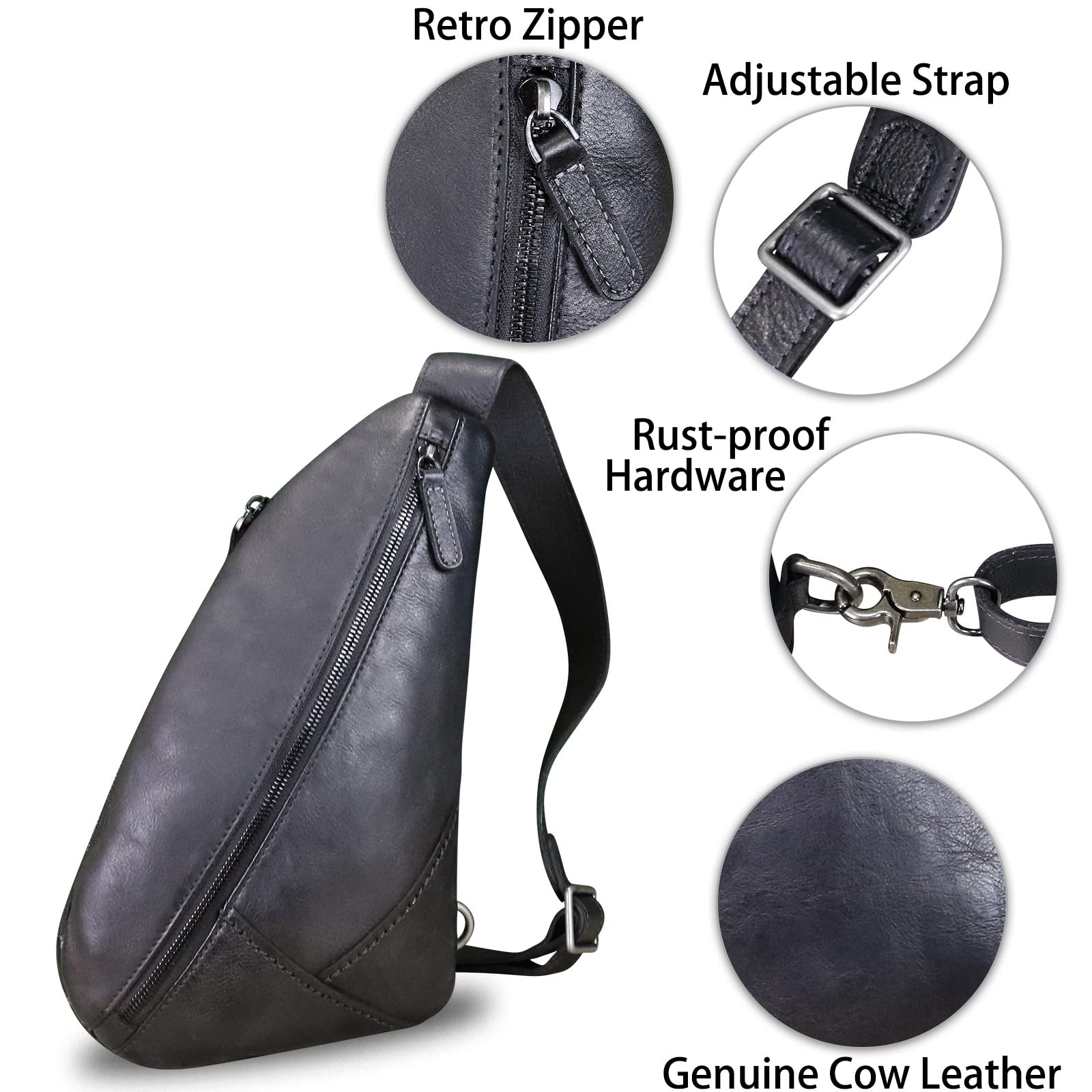 LRTO Genuine Leather Sling Bag Crossbody Motorcycle Bag Handmade Chest Bag Hiking Daypack Retro Shoulder Backpack Vintage (Darkgrey)