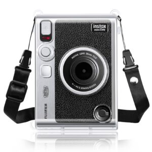 rieibi clear protective case for fujifilm instax mini evo instant camera - hard carrying case cover with shoulder strap