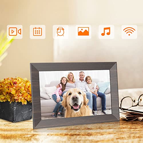 Digital Picture Frame 10.1 inch Frameo WiFi Digital Frame Electronic Picture Frame Wood Frames HD IPS 32GB Memory, Automatic Rotation Slide Show Adjustable Brightness, iOS and Android App