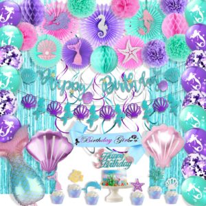 hombae mermaid birthday decorations, mermaid party decorations supplies kit, mermaid cake decorations, mermaid theme birthday decorations, mermaid banner cake topper paper fans with cute cut outs