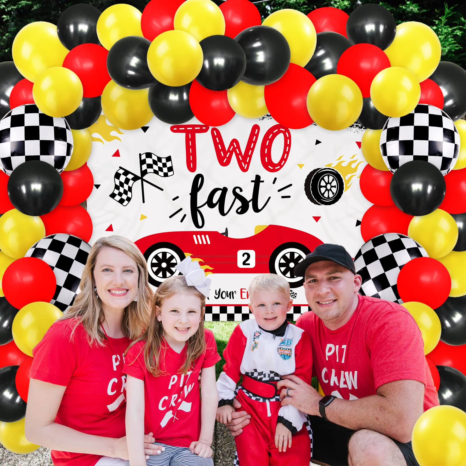 Vansolinne Two Fast Birthday Decoration Race Car 2nd Birthday Backdrop Banner Balloon Garland Kit, Passionate Red Race Car Burning tires Waving Checkered Flag Racing B-day Background Photo Props 83pcs